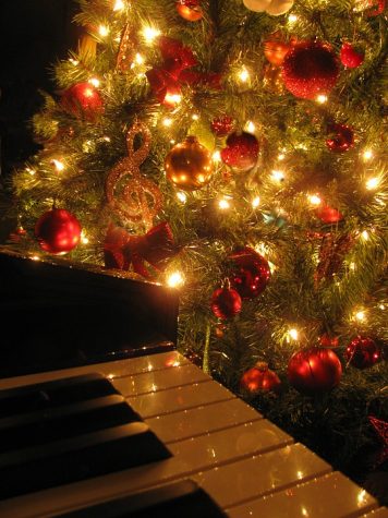 A Christmas tree with a piano. Holiday-themed music will be played at tonights concert.