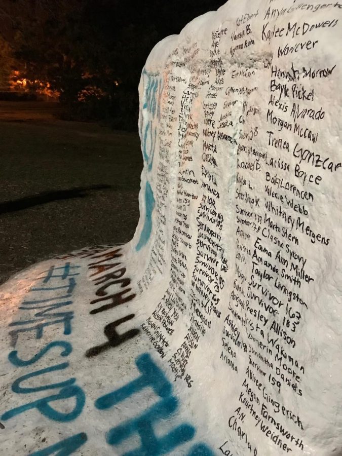 Sylvia Hodges visited the campus of Michigan State University shortly after the Nassar sentencing and captured images of the rock painted with the victims names. Photograph by Sylvia Hodges 19, copy writer 