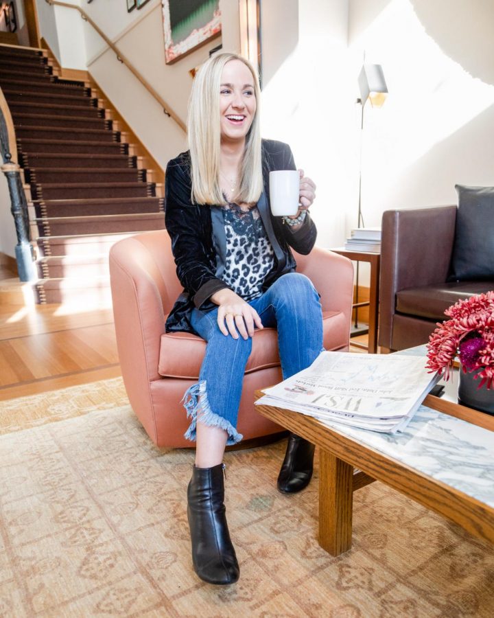 Lyndsey Walworth 11 sits in the Shinola Hotel in Detroit. Walworth works for Crain Communications and also has her own foodie Instagram. Photo courtesy of Katherine Stevenson 11.
