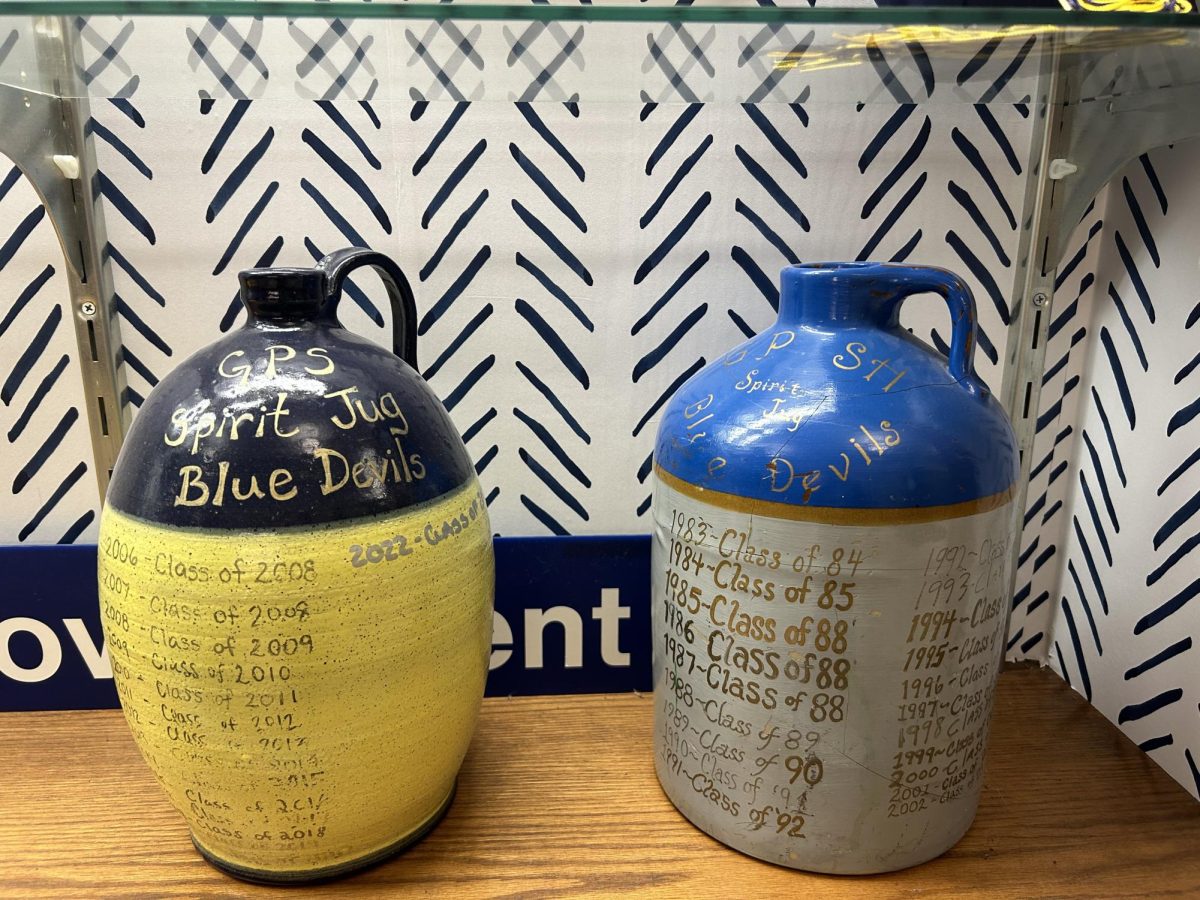 The Spirit Jugs displayed in the Student Government showcase across from the main office with all of the winning classes years on the Jug. 
