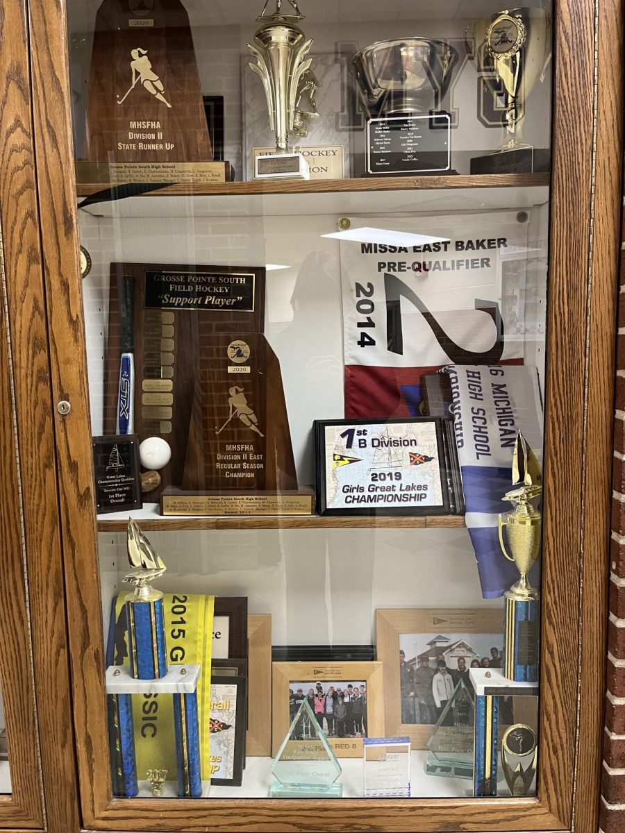 Awards case for previously won state championships for Womens hockey and field hockey.