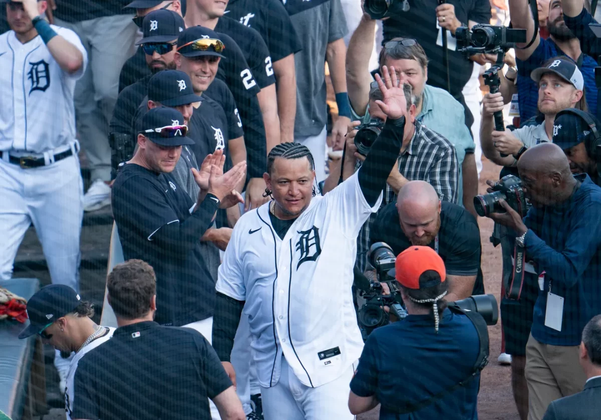 +Miguel+Cabrera+goes+out+on+top+and+waves+goodbye+one+last+time+to+the+crowd+at+Comerica+Park+after+winning+his+last+game+against+the+Cleveland+Guardians+5-2+with+his+teammates+looking+on+at+him.%0A