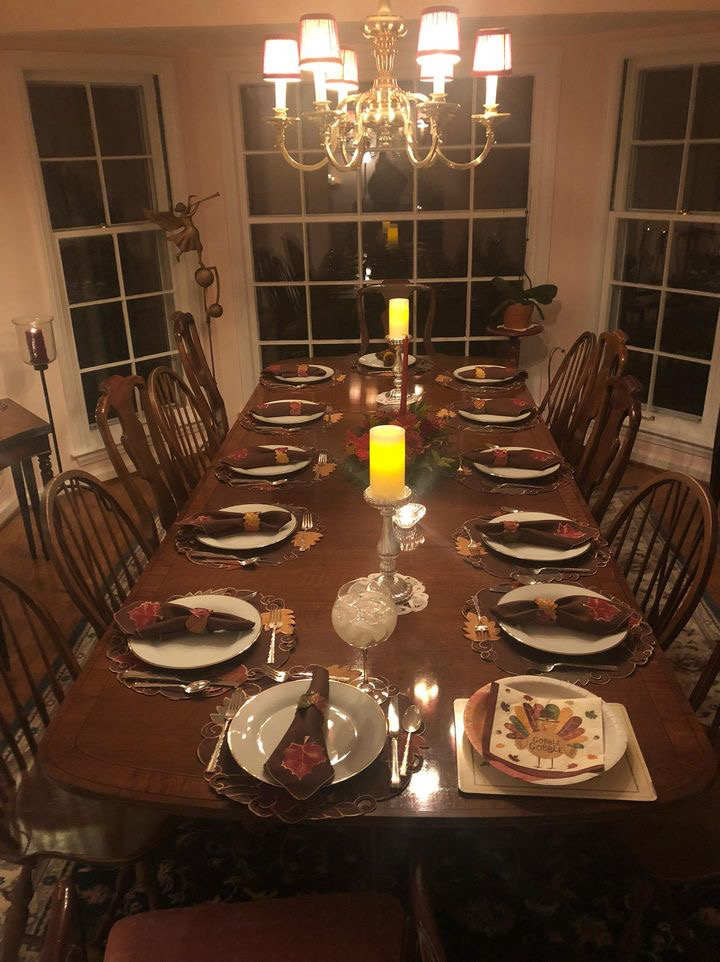  Scotts ’27 family Thanksgiving table before all of the treats and talk. The “grown-up table,” all nice and decorated, waiting for the fun traditions to come.