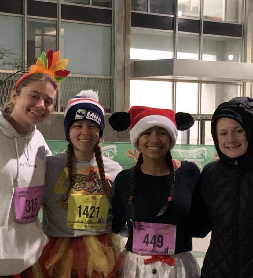 From left to right- Grace Wininger ’23, Morgan Deenik ’24, Savannah Spangler ’25, Claire Zurowick ’23, participating in last years Turkey Trot. 