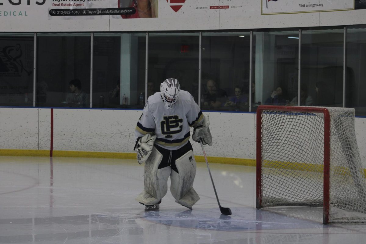  Jacob Haack ’24, is gets ready for another period of protecting his goal. 