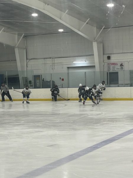 Recovering from a fast break, South comes up with the puck off of a quick interception and speeds down the ice towards goal.