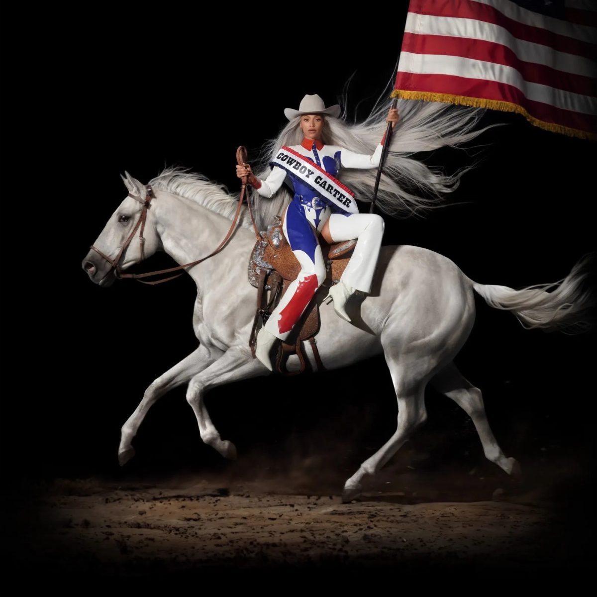 The country theme in Beyoncés new album Cowboy Carter is very apparent in the album cover of her riding a horse holding an American flag.