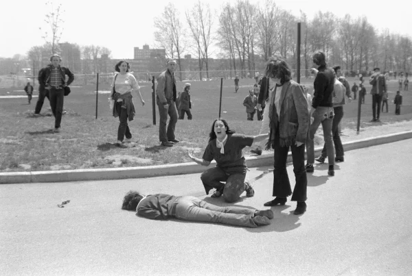 An infamous photo featured on the front page of major news publications in the days following May 4, 1970, this photo became the image on the forefront of Americas mind. The young woman is bent over Jeffery Miller, one of the four victims of the shooting. John Filo, the photographer who captured the event, was awarded a Pulitzer prize for his work covering the incident. “We later found out that she wasnt ever a student,” Roeder said. “She was a runaway. She was much younger, which blew everyone away.”  
