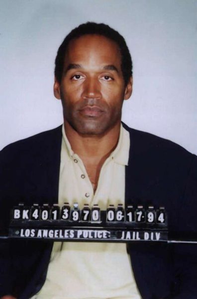 Mugshot of O.J. Simpson after being arrested and formally charged with 1st Degree Murder. He was found not guilty in a criminal trial, but guilty in a civil trial.