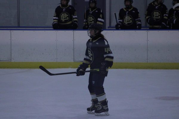 Charlie Harr ’26 prepares for puck drop, kicking off the 3rd period. The Blue Devils are up 3-0 at this time, looking to seal the game.