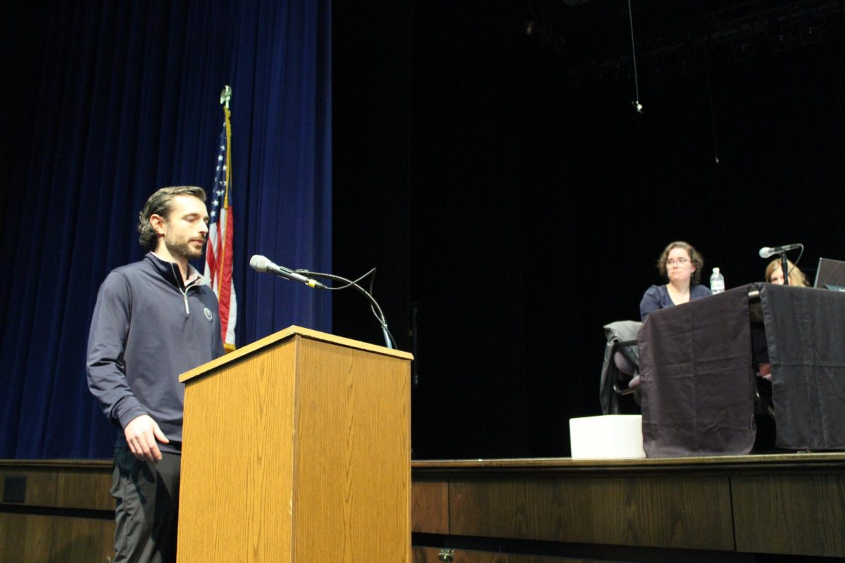 Brandon Kaiser, a resident in the Trombly district and a dad of two children under the age of two, pictured speaking during public comment. Kaiser is a local little league baseball coach and has seen growth in the amount of participation in the sport over the past few years, alluding to the fact of there being more kids in the area. “I'm hoping that my daughters can walk right around the corner to go to their school,” Kaiser said.  