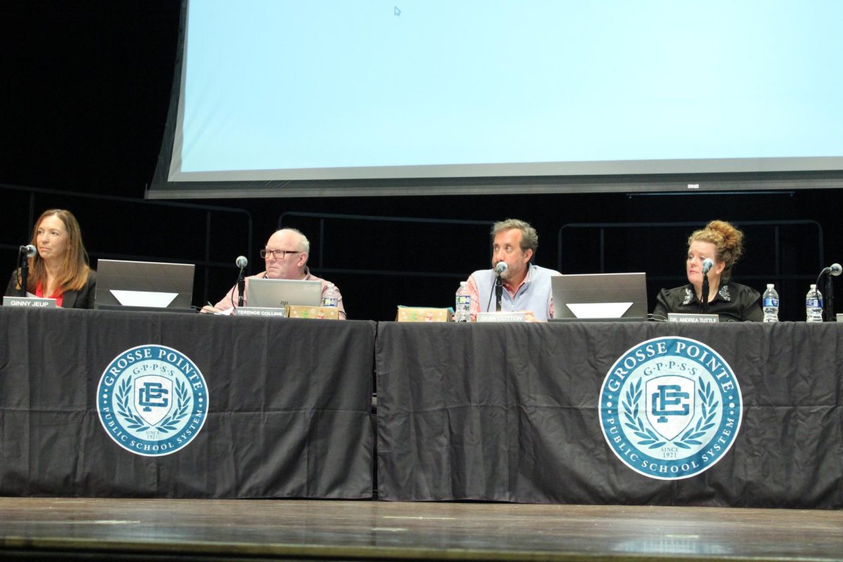 The board members pictured during the Dec. 9, 2024 meeting, hearing community members voice their opinion. Left to right; Trustee Ginny Jeup, Trustee Terrance Collins, President Sean Cotton, Superintendent Dr. Andrea Tuttle.