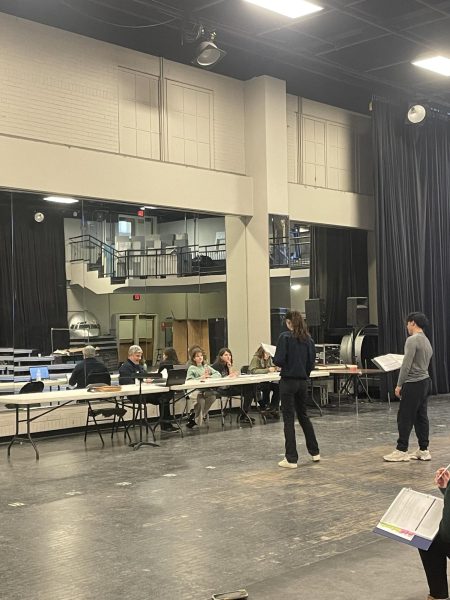 Students Jolina Hutchinson ’25 and Sage Suson ’26, one set of the Ariel and Prince Eric performers, rehearse to prepare for April’s shows of The Little Mermaid.
