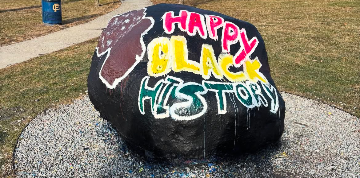 On February 4th, the Black Student Union painted the rock on South's front lawn to honor and celebrate Black History Month. To go along with this year's theme of African Americans and Labor, the BSU added the names of some influential African Americans in the workforce. Photo courtesy of The Black Student Union.