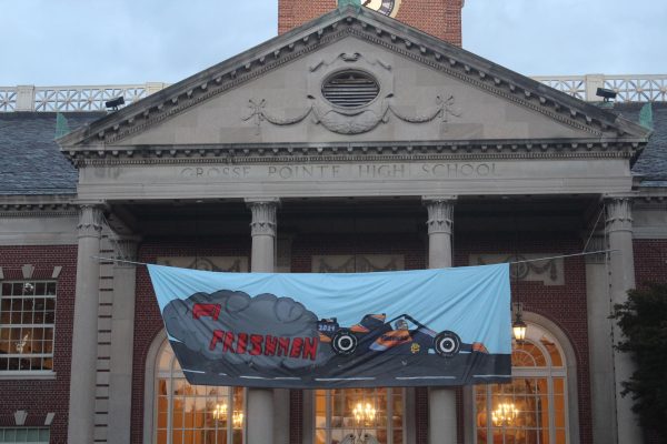 F1-themed Freshmen banner hangs over Cleminson Hall.
