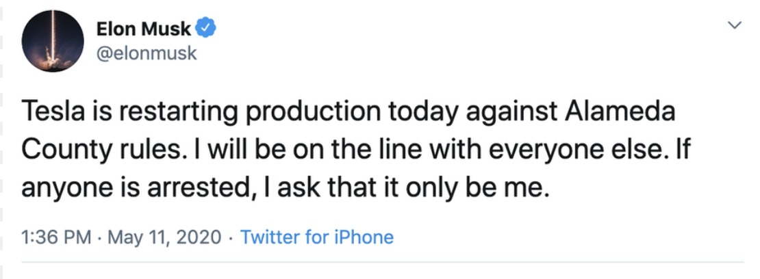 CONTROVERSY In a May 2020 tweet, Tesla CEO Elon Musk announced he would restart production in defiance of Alameda County health orders, illustrating the tension that arises when high-profile business leaders publicly challenge government mandates and political restrictions. Photo courtesy of X  (Formerly Twitter).