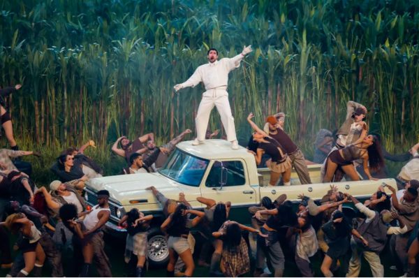 Reflecting Puerto Rican Values: Bad Bunny sings “El Apagón” which means “The Blackout” at the Super Bowl LX. During this performance, Bad Bunny held a light blue Puerto Rican flag to represent independence.
Photo courtesy: Getty images