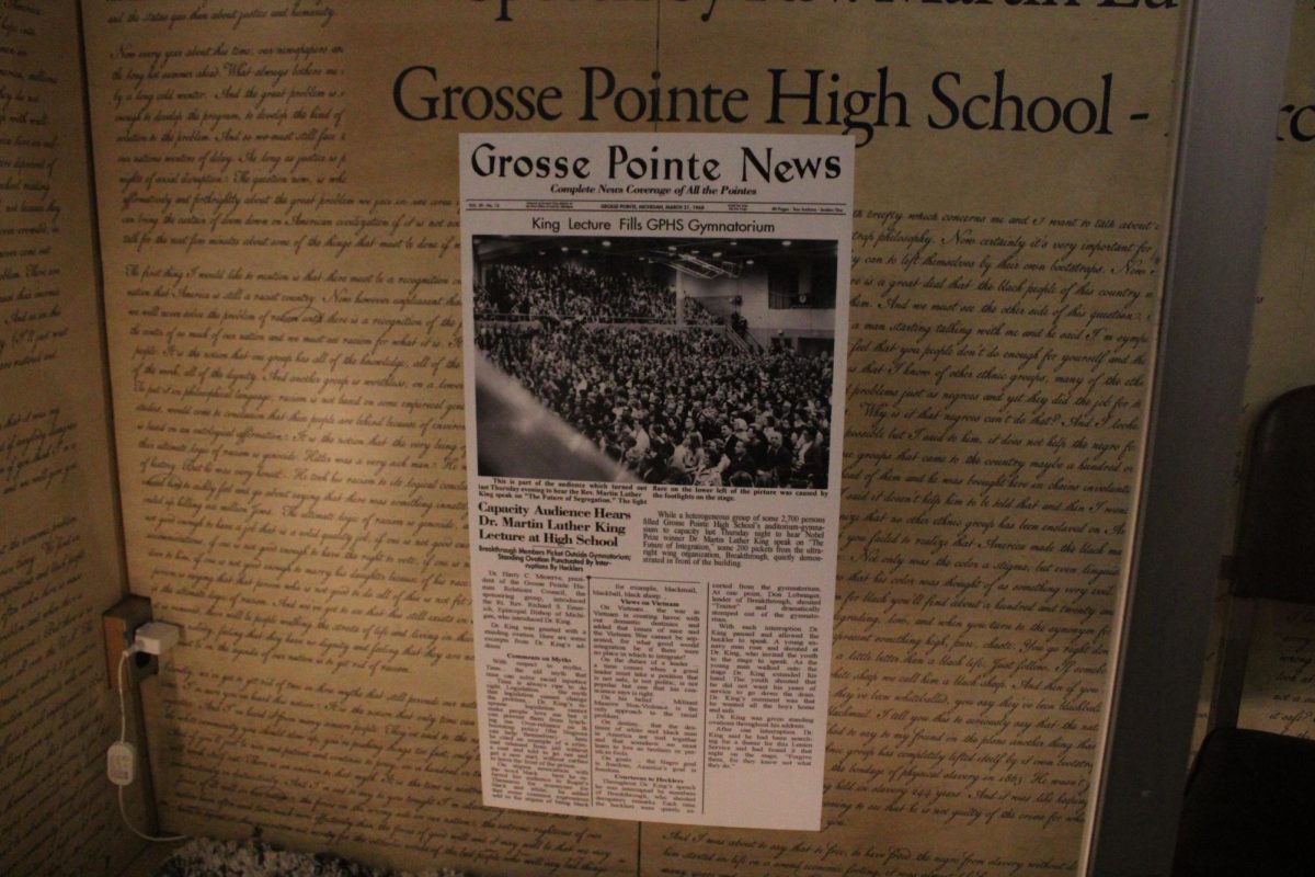Piece of history | This vintage Grosse Pointe News article, published just a week after Dr. King’s visit, describes the main gym packed with nearly 3,000 people. While the crowd interrupted and booed him over 30 times, the archive also highlighted the many supporters who filled the room to hear his message.